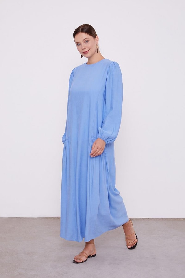 LevidorLevidor Mavi Bisiklet Yaka Büzgü Detaylı Elbise