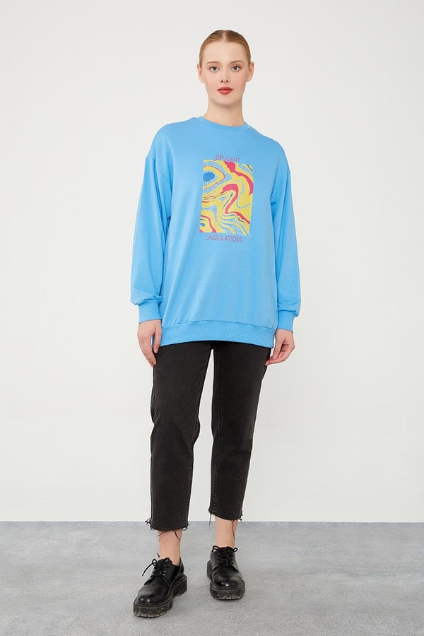 LevidorLevidor Mavi Bisiklet Yaka Taş Baskılı Sweat