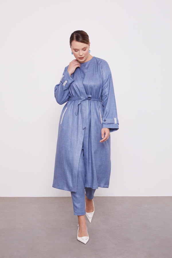 LevidorLevidor Mavi İşlemeli  Melanj Kimono Üçlü Takım