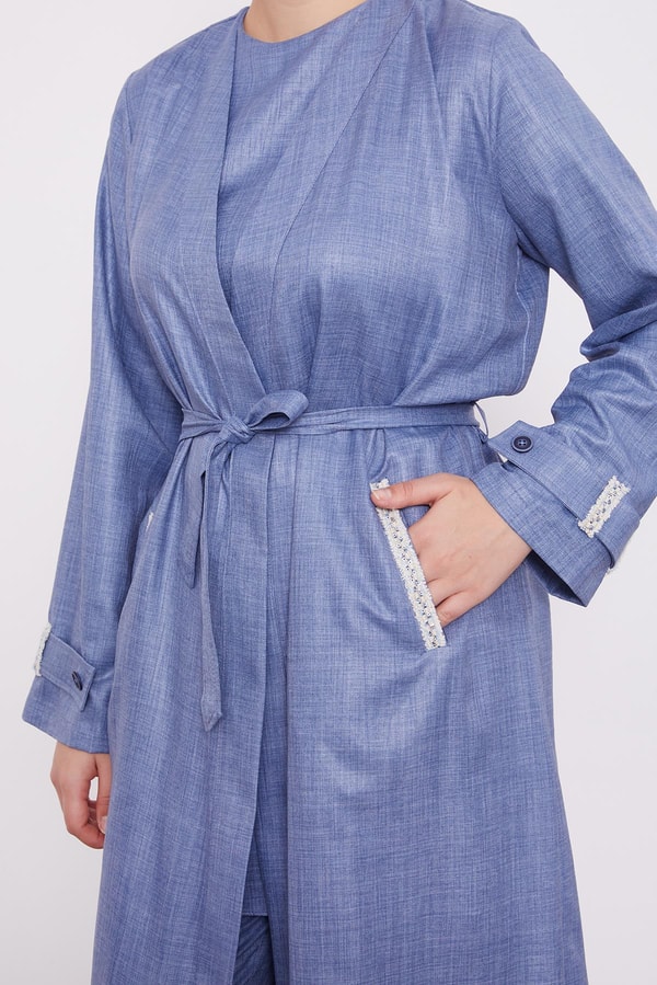 LevidorLevidor Mavi İşlemeli  Melanj Kimono Üçlü Takım