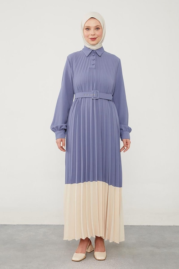 LevidorLevidor Mavi Pliseli Çift Renk Kemerli Elbise