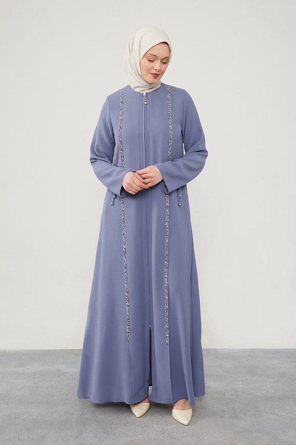 LevidorLevidor Mavi Yanları İp Bağlamalı Taş İşlemeli Ferace