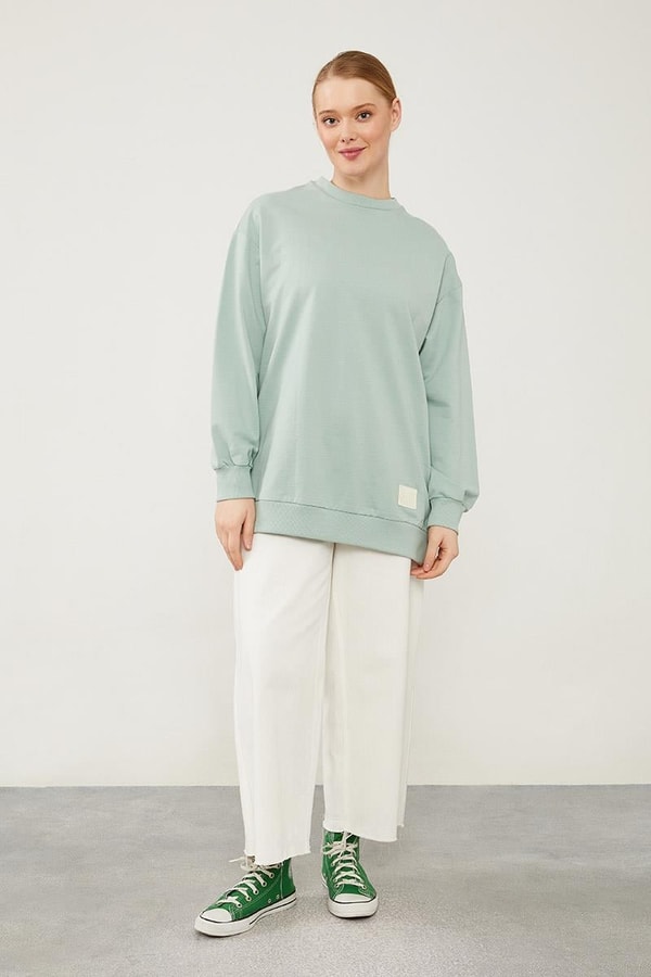 LevidorLevidor Mint Yeşili Bisiklet Yaka Ribanalı Basic Sweat