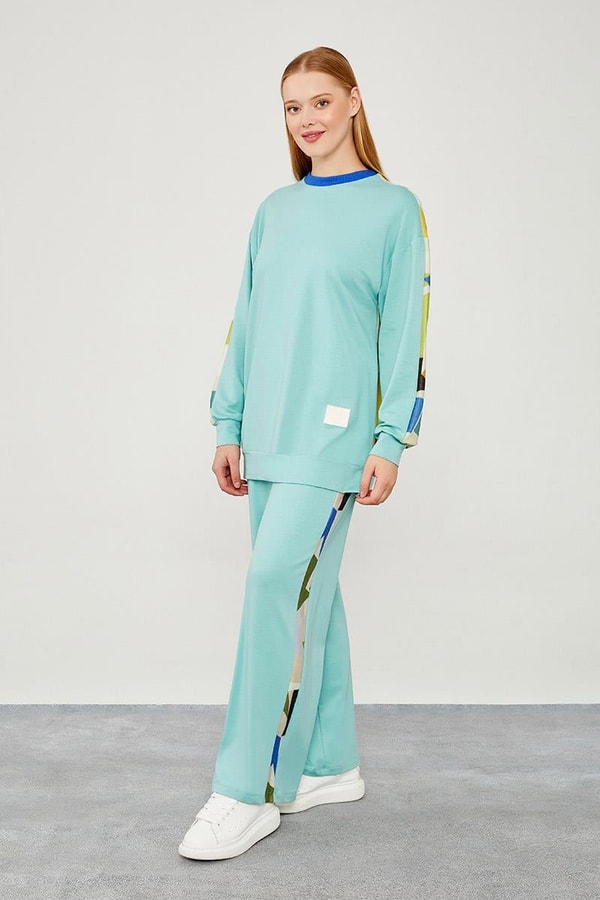 LevidorLevidor Mint Yeşili Bisiklet Yaka Geometrik Desen Spor Takım