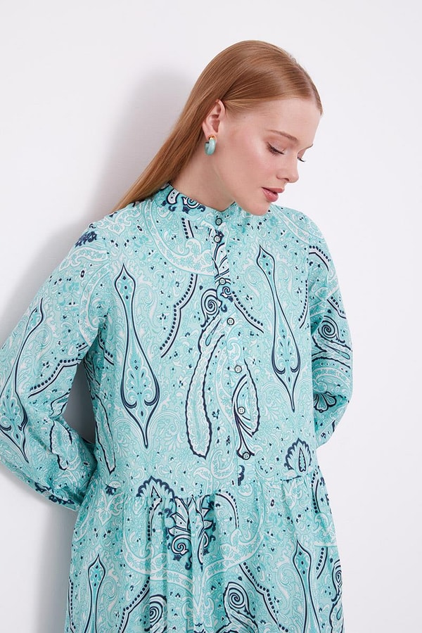 LevidorLevidor Mint Yeşili Düğme Detaylı Desenli Elbise