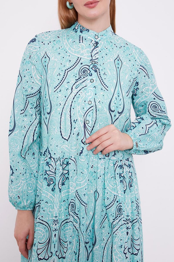 LevidorLevidor Mint Yeşili Düğme Detaylı Desenli Elbise