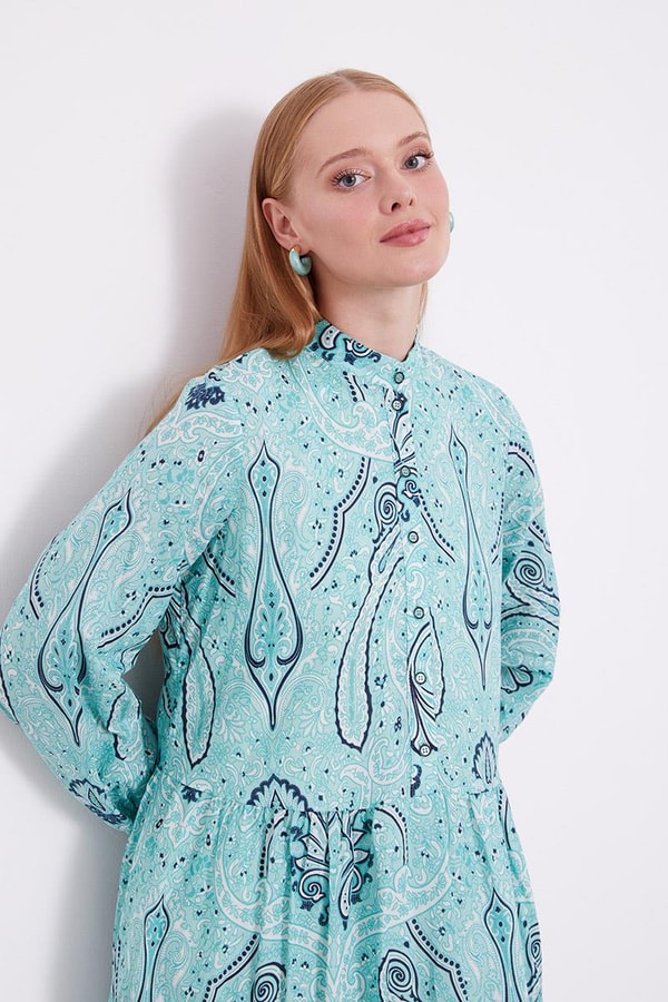 LevidorLevidor Mint Yeşili Düğme Detaylı Desenli Elbise