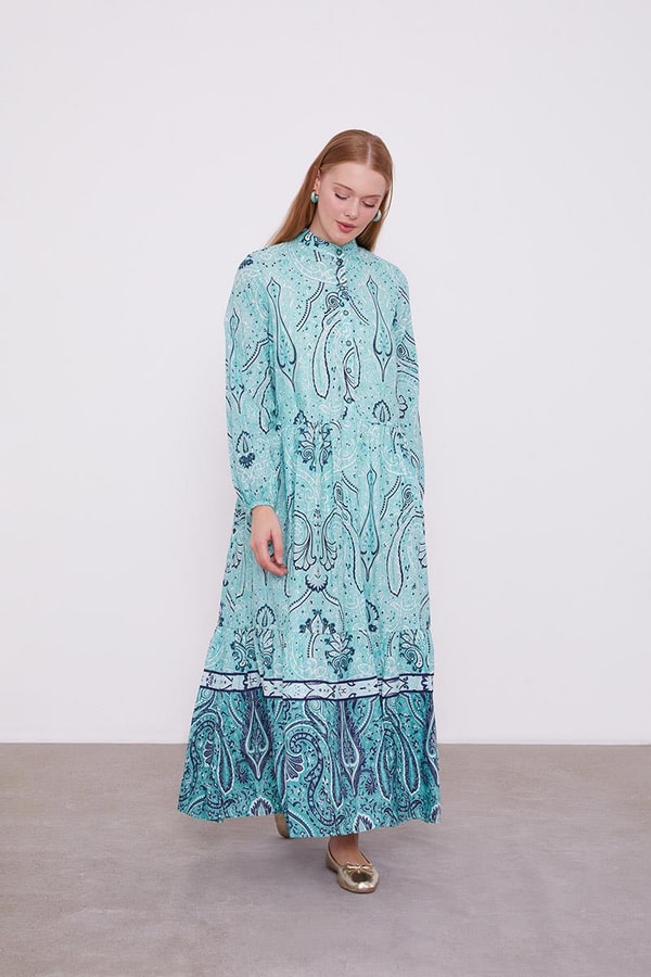 LevidorLevidor Mint Yeşili Düğme Detaylı Desenli Elbise