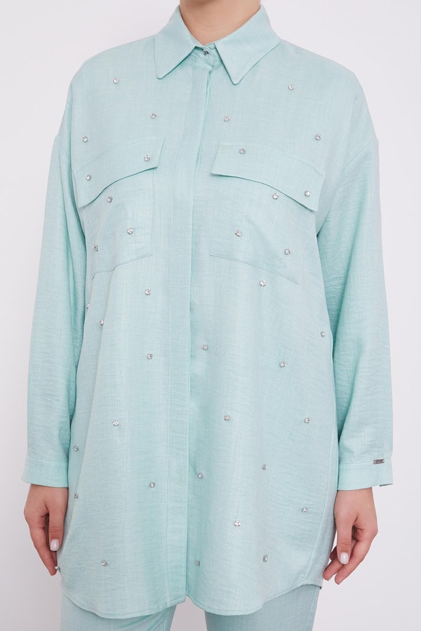 LevidorLevidor Mint Yeşili Taş İşlemeli Melanj Gömlek İkili Takım