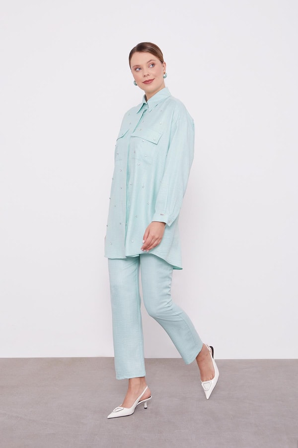 LevidorLevidor Mint Yeşili Taş İşlemeli Melanj Gömlek İkili Takım