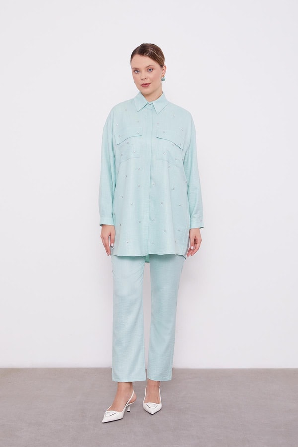 LevidorLevidor Mint Yeşili Taş İşlemeli Melanj Gömlek İkili Takım