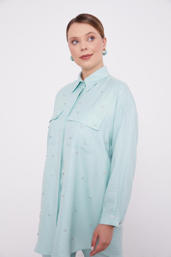 LevidorLevidor Mint Yeşili Taş İşlemeli Melanj Gömlek İkili Takım