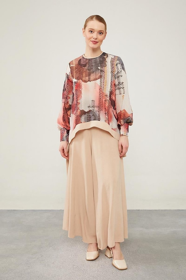 LevidorLevidor Mürdüm Çiçek Baskılı Pantolonlu Bluz Takım