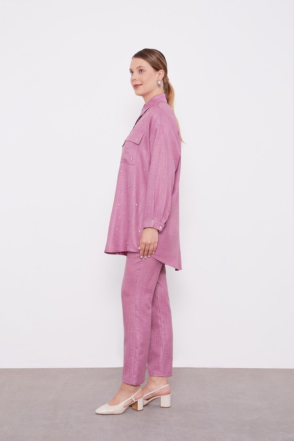 LevidorLevidor Mürdüm Taş İşlemeli Melanj Gömlek İkili Takım