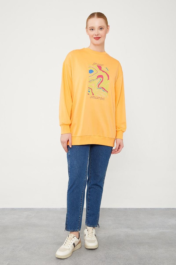 LevidorLevidor Oranj Bisiklet Yaka Taş Baskılı Sweat