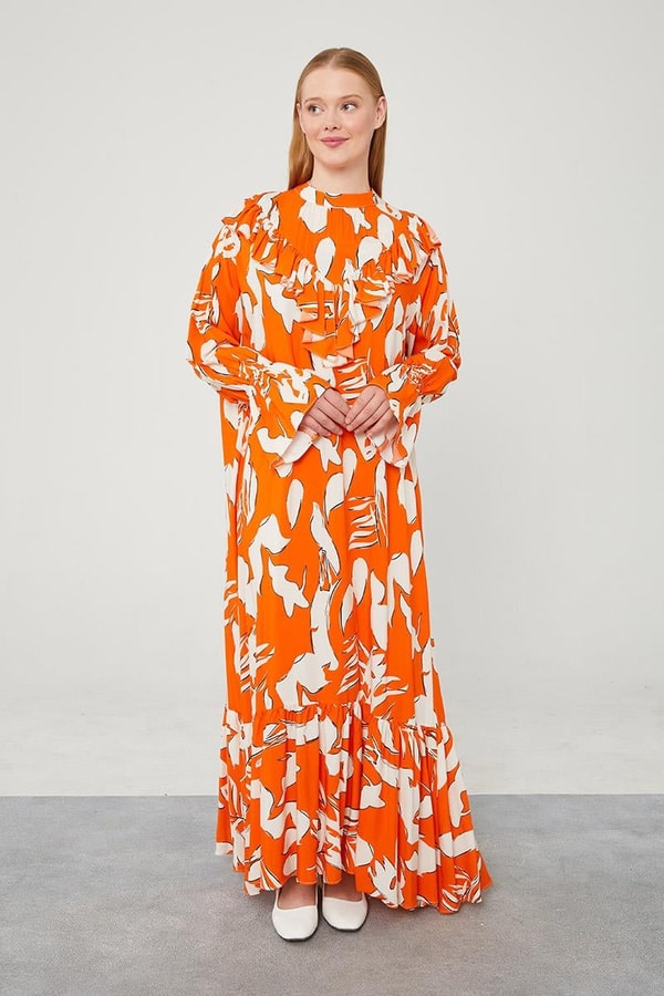 LevidorLevidor Oranj Çiçek Desen Volanlı Elbise