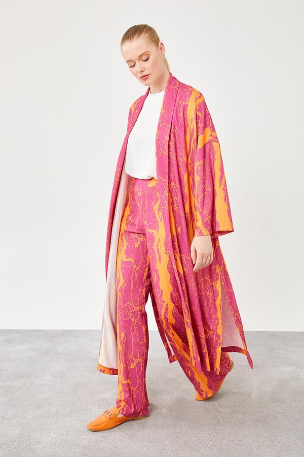 LevidorLevidor Oranj Desenli Kimono Takım