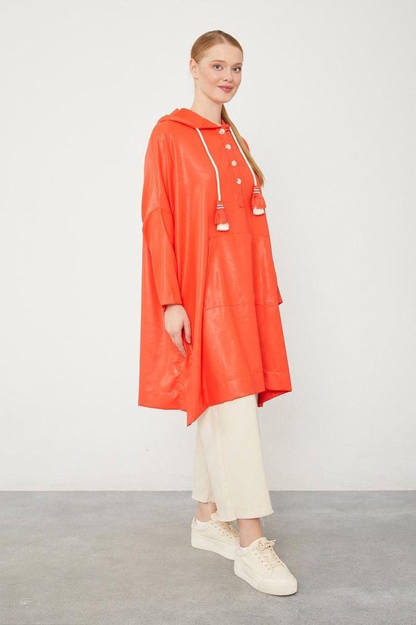 LevidorLevidor Oranj Kanguru Çepli Parlak Kumaş Tunik