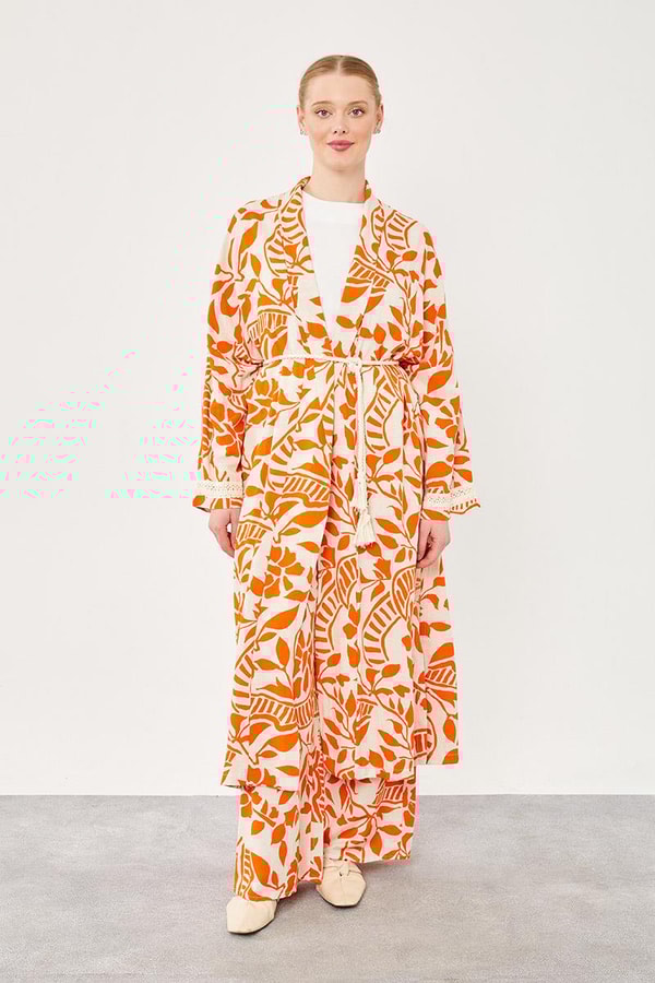 LevidorLevidor Oranj Yaprak Desen Keten Kimono Takım