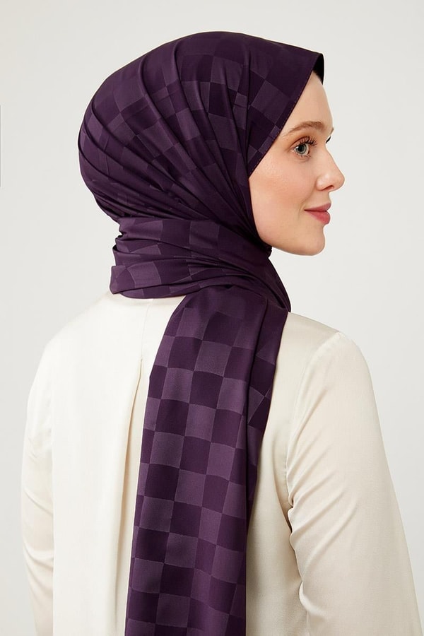 LevidorLevidor Patlıcan Moru Dama Desen Jakarlı Elegance Şal