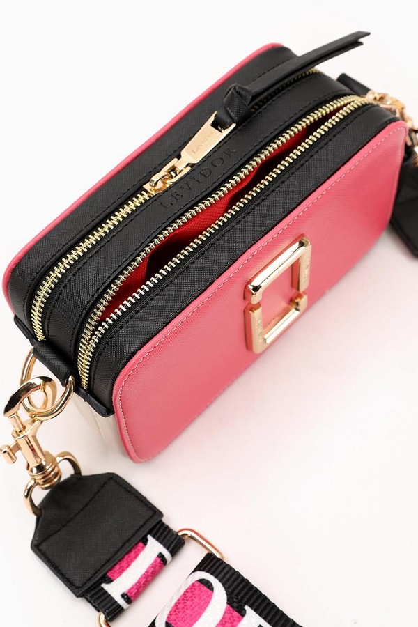 LevidorLevidor Pembe-Siyah-Krem Dokulu Kumaş Çift Bölmeli Omuz Çantası