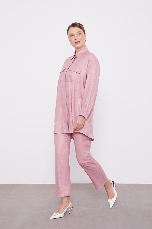 LevidorLevidor Pembe Taş İşlemeli Melanj Gömlek İkili Takım