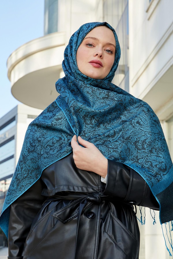 LevidorLevidor Petrol Yeşili Püskülü Etnik İpek Şal