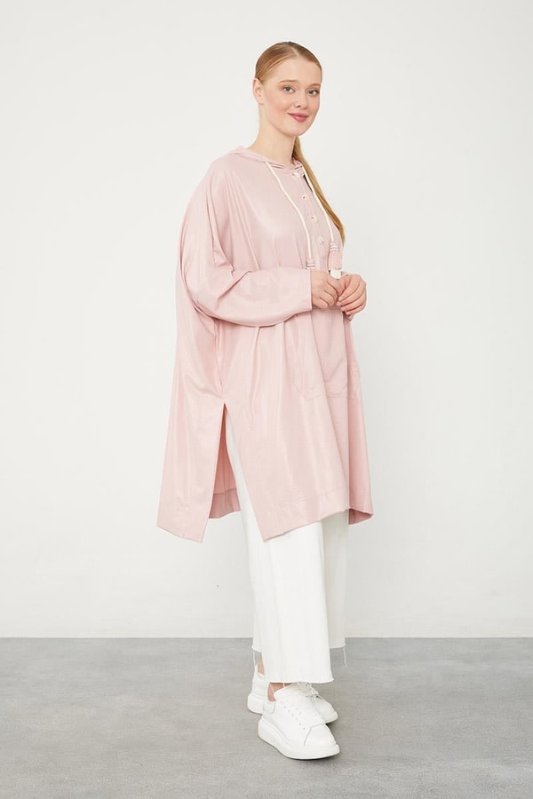LevidorLevidor Pudra Kanguru Çepli Parlak Kumaş Tunik
