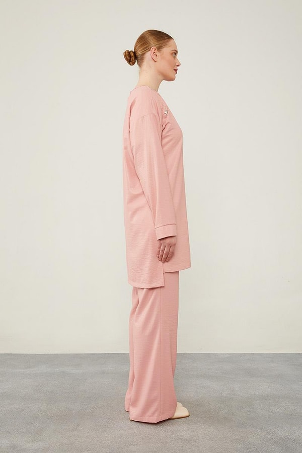 LevidorLevidor Pudra Önü Taş İşlemeli Geniş Pantolonlu Tunik Takım