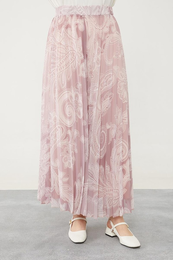 LevidorLevidor Pudra Pliseli Çiçek Desen Şifon Etek