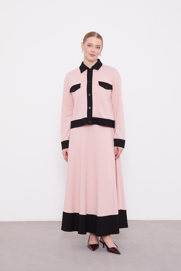 LevidorLevidor Pudra-Siyah Gömlek Yaka Çıtçıtlı Penye Etekli Takım