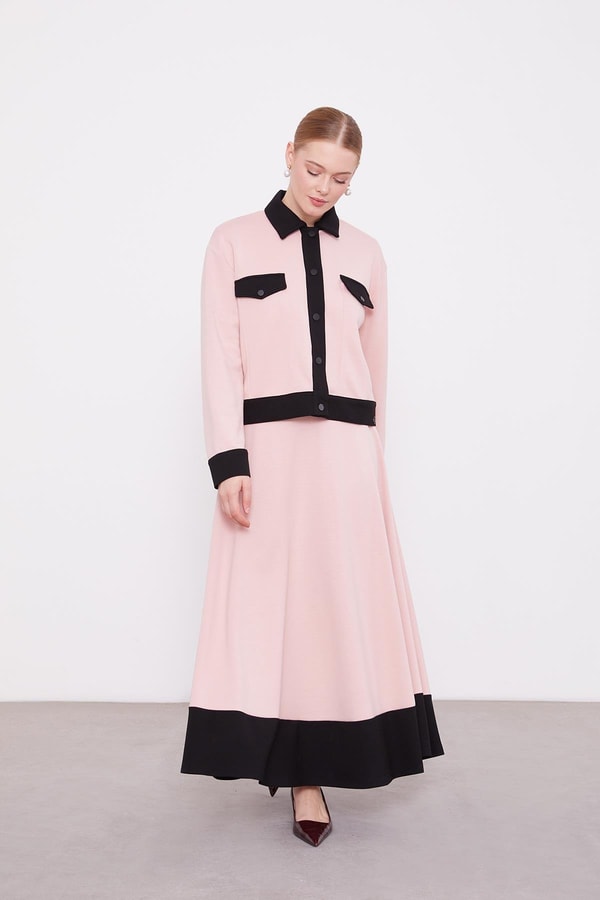 LevidorLevidor Pudra-Siyah Gömlek Yaka Çıtçıtlı Penye Etekli Takım