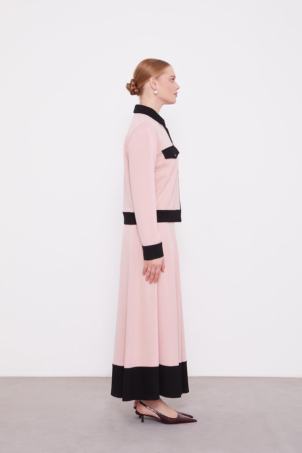 LevidorLevidor Pudra-Siyah Gömlek Yaka Çıtçıtlı Penye Etekli Takım