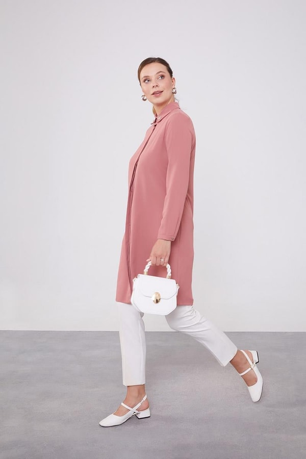 LevidorLevidor Pudra Yakası Taşlı Uzun Gömlek