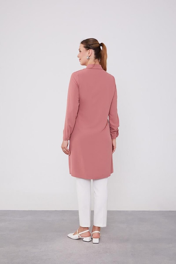 LevidorLevidor Pudra Yakası Taşlı Uzun Gömlek