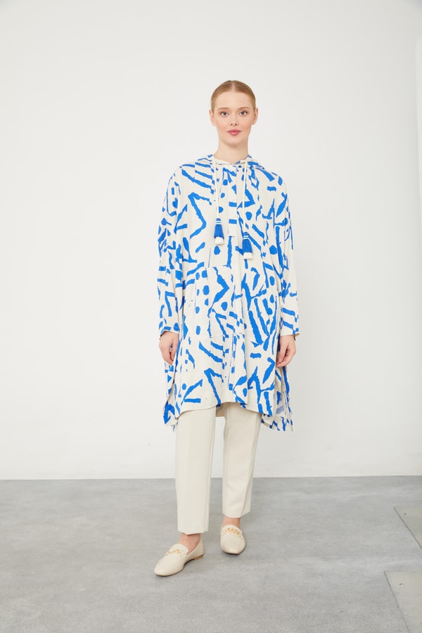 LevidorLevidor Saks Kapüşonlu Püskül Detaylı Keten Tunik