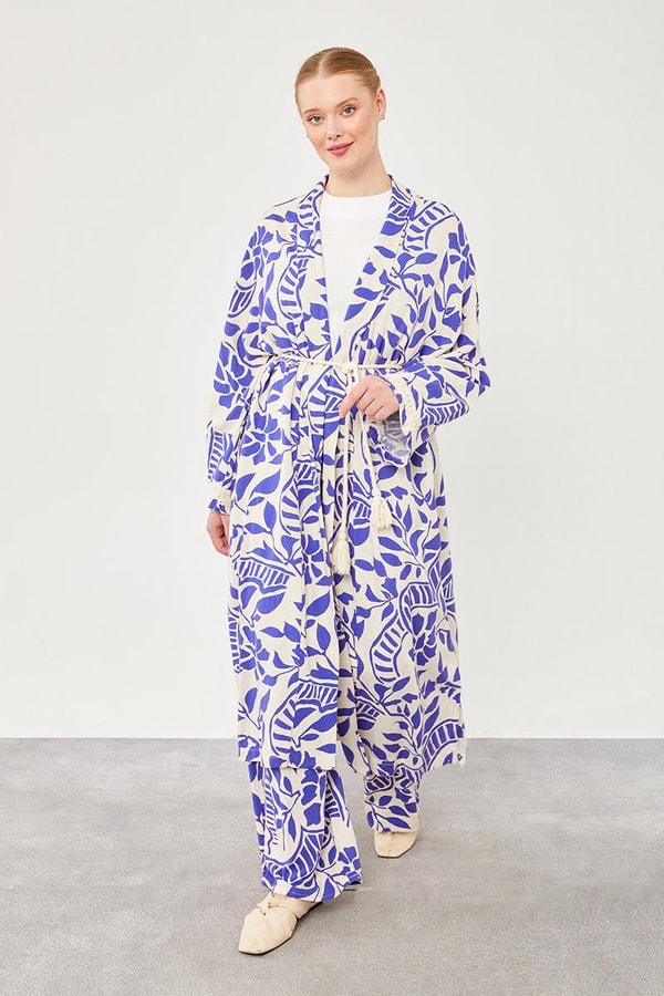 LevidorLevidor Saks Yaprak Desen Keten Kimono Takım