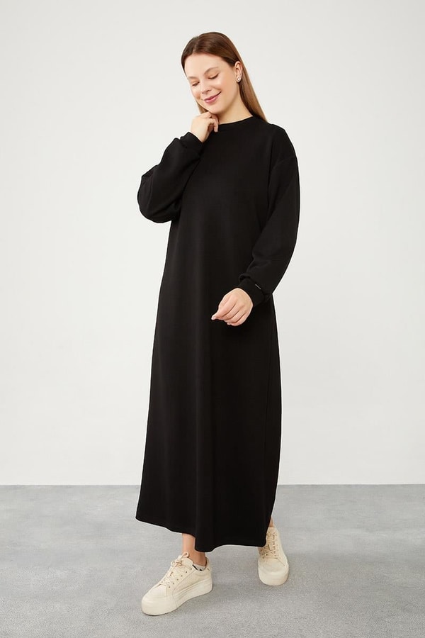 LevidorLevidor Siyah Bisiklet Yaka Kolları Ribanalı Elbise