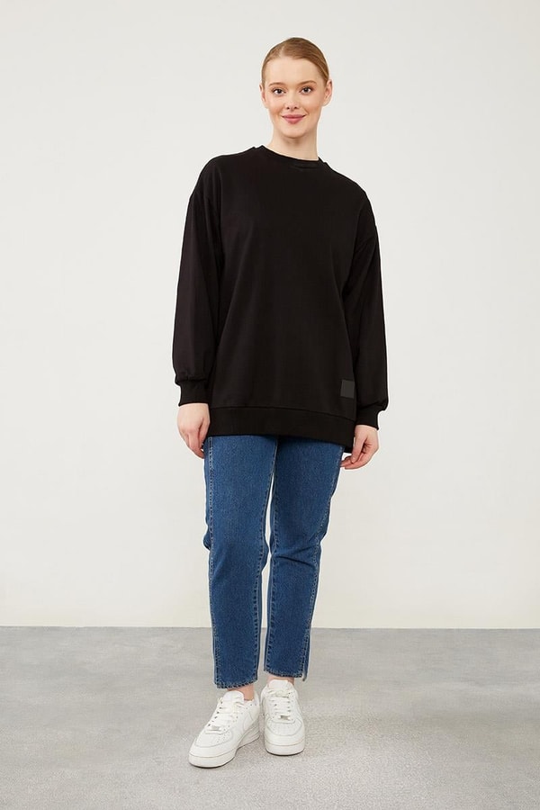 LevidorLevidor Siyah Bisiklet Yaka Ribanalı Basic Sweat