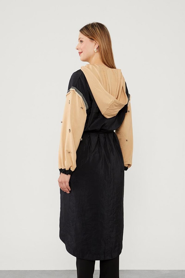 LevidorLevidor Siyah-Camel Kapüşonlu Kolları İşlemeli Trençkot
