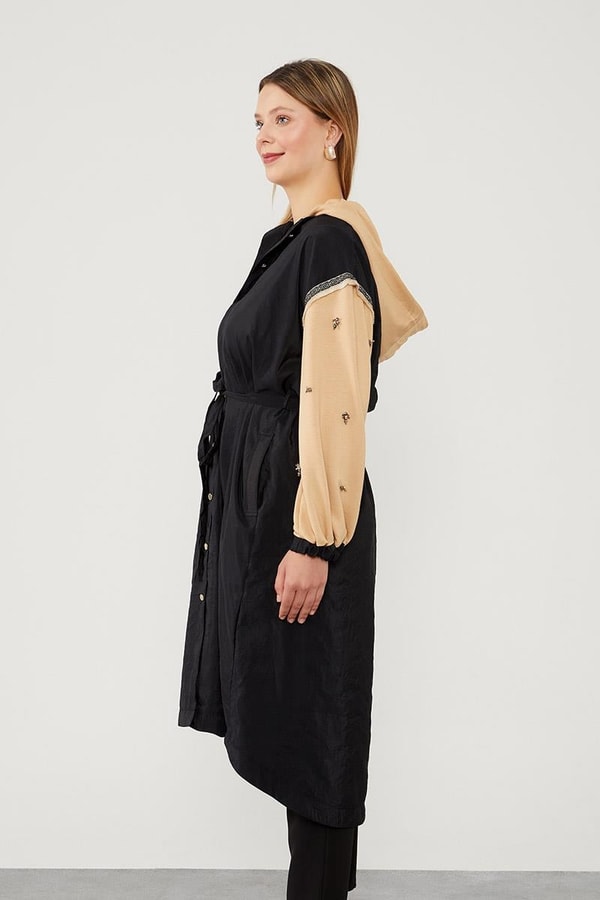 LevidorLevidor Siyah-Camel Kapüşonlu Kolları İşlemeli Trençkot