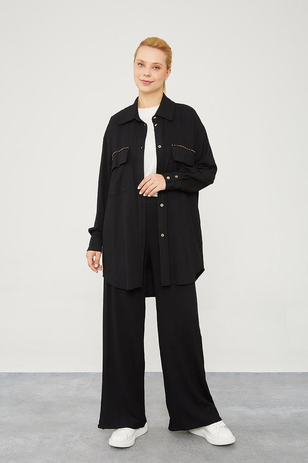 LevidorLevidor Siyah Cep İşlemeli Bürümcük Kumaş Takım