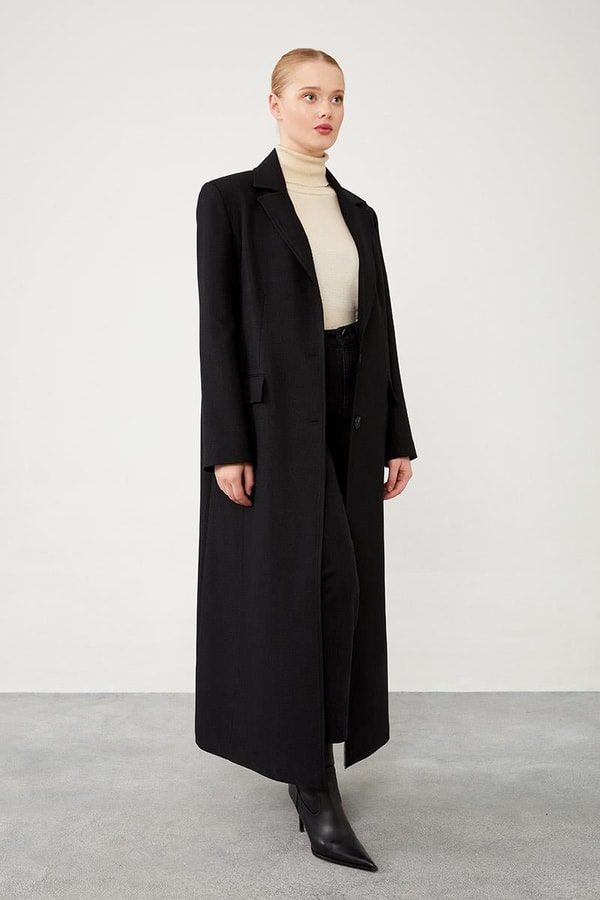 LevidorLevidor Siyah Çizgli Desen Kaşe Kaban