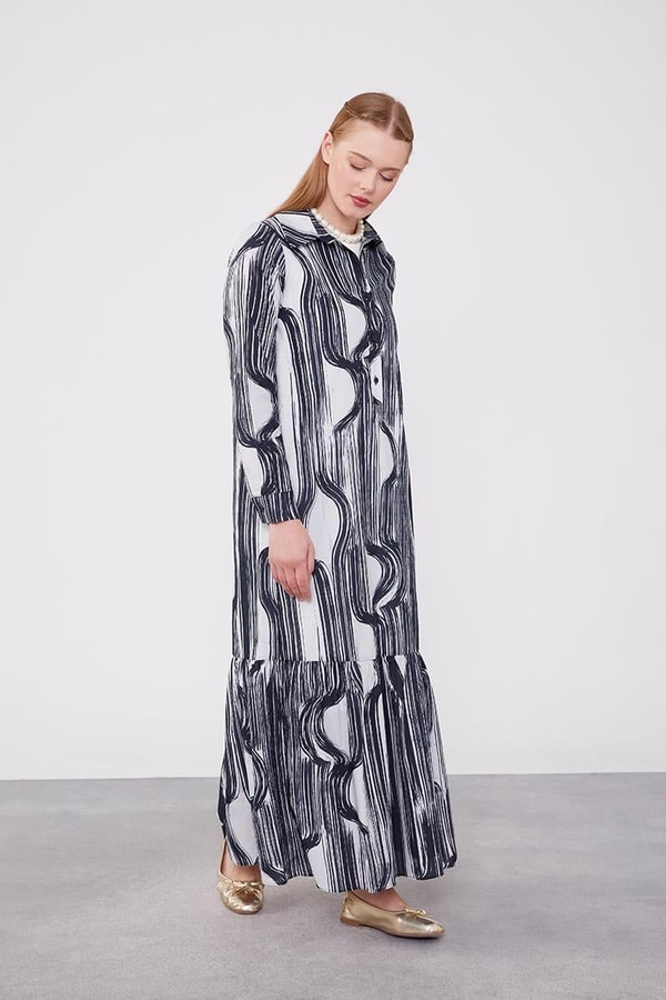 LevidorLevidor Siyah Eteği Volanlı Astarsız Pamuklu Elbise