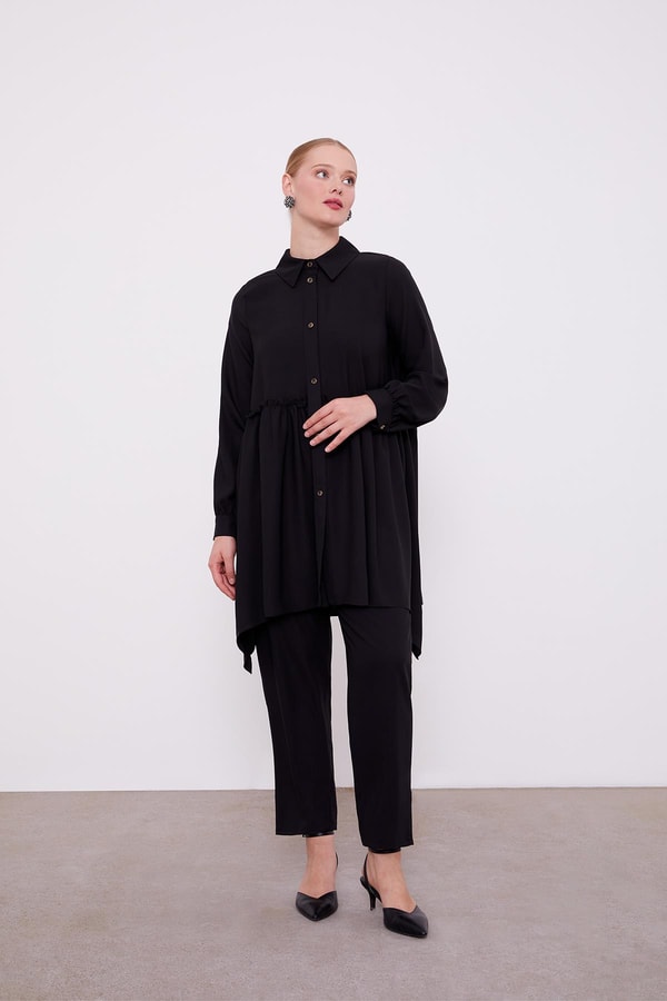 LevidorLevidor Siyah Göğüs Altı Pileli Şifon İkili Takım