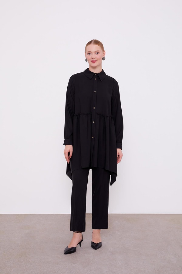 LevidorLevidor Siyah Göğüs Altı Pileli Şifon İkili Takım