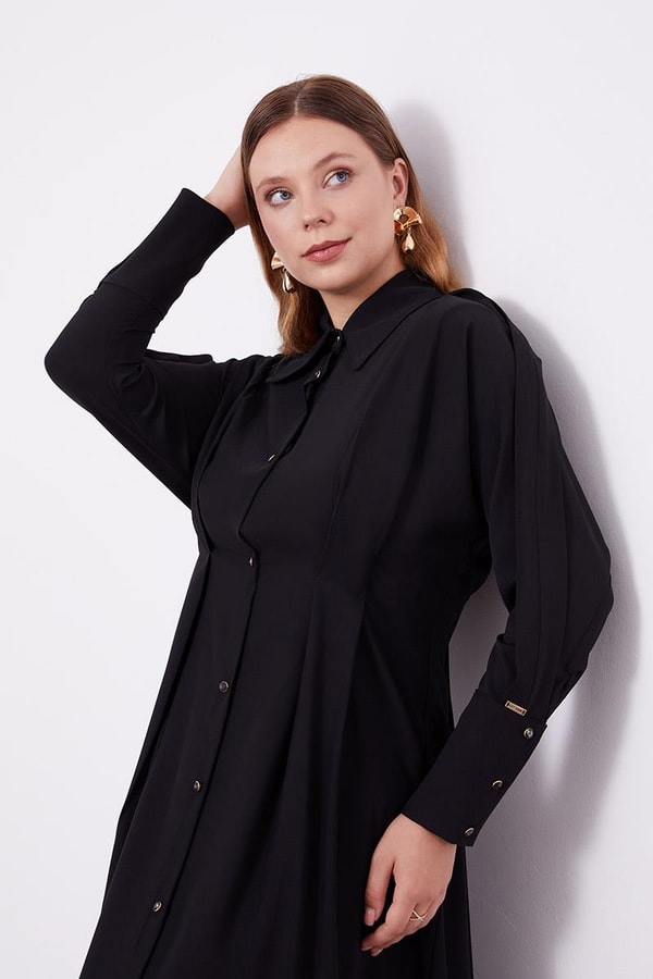 LevidorLevidor Siyah Gömlek Yaka Belden Oturmalı Elbise