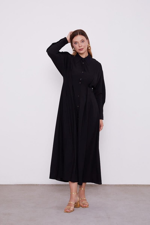 LevidorLevidor Siyah Gömlek Yaka Belden Oturmalı Elbise