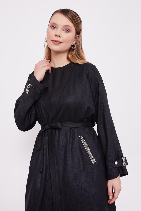 LevidorLevidor Siyah İşlemeli  Melanj Kimono Üçlü Takım