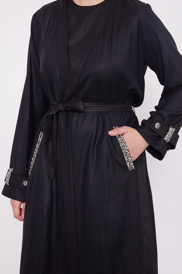 LevidorLevidor Siyah İşlemeli  Melanj Kimono Üçlü Takım